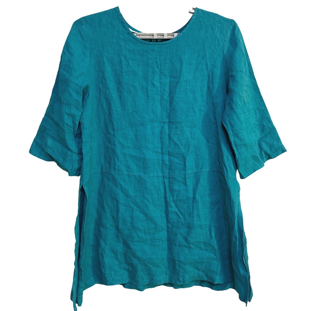 Bryn Walker 100% Linen Tunic Top M Side Slit Teal Lagenlook Coastal Relaxed Boho